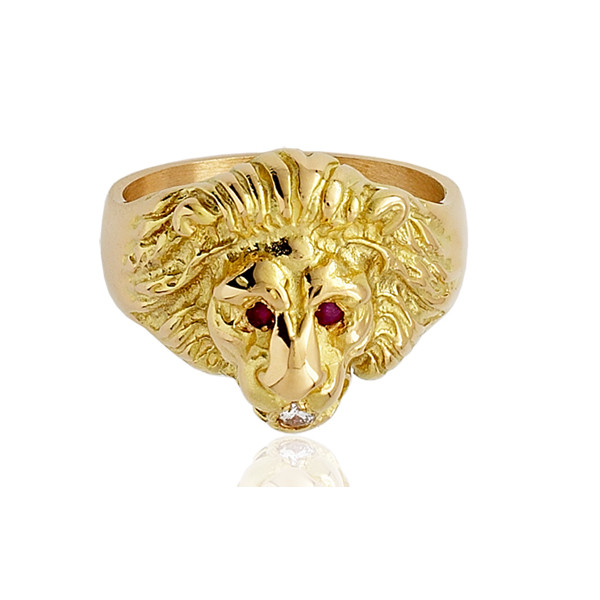 Chevalière or 750/1000 rubis, diamant tête de lion pour homme