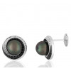 boucles d'oreilles or 18 carats, diamant blanc et noir  et perles de Tahiti rondes 8 mm.