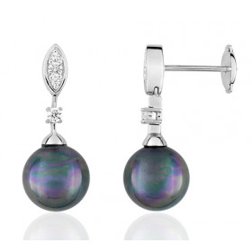 boucles d'oreilles or 18 carats, diamant et perles de Tahiti rondes 9 mm.