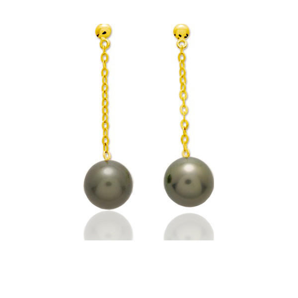 Boucles d'oreilles pendants en or 18 carats et perles de Tahiti rondes 8mm.