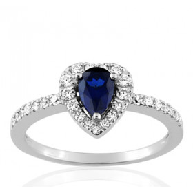 Bague or blanc 18 carats, saphir à facettes et diamant 0,26 carat