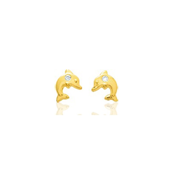 Boucles d'oreilles en or jaune 18 carats dauphins et zirconium pour filles.