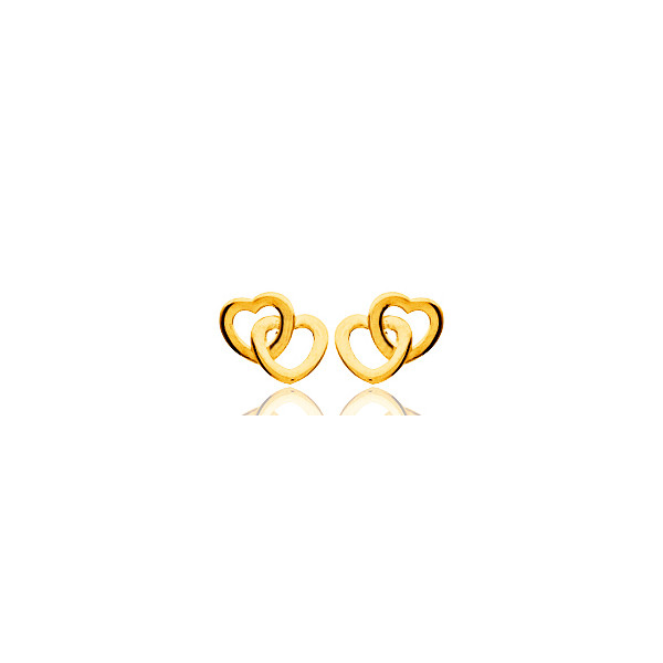 Boucles d'oreilles en or jaune 18 carats double cœurs, fermoir poussette