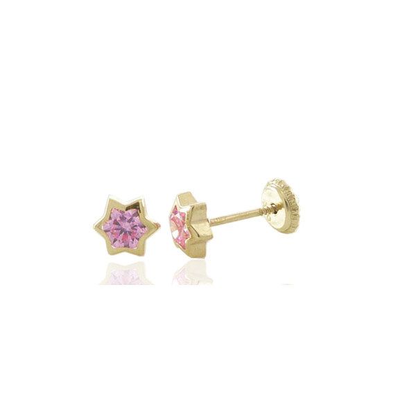Boucles d'oreilles en or jaune 18 carats "étoile" et zirconium rose pour filles.