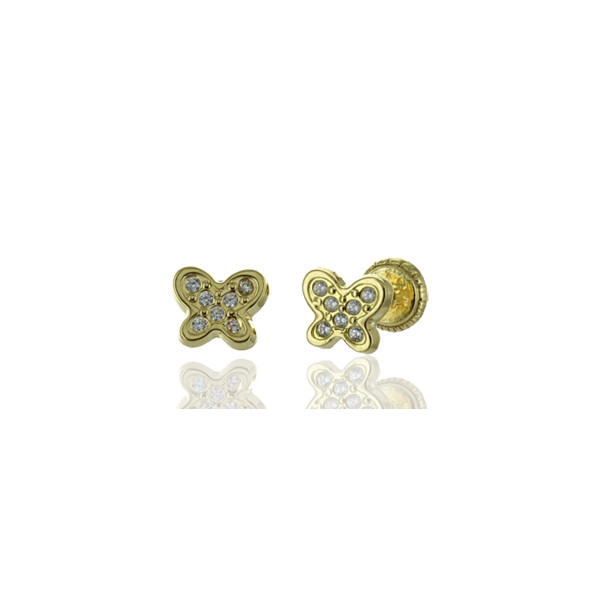Boucles d'oreilles en or jaune 18 carats "papillons"  et zirconiums blancs pour filles.