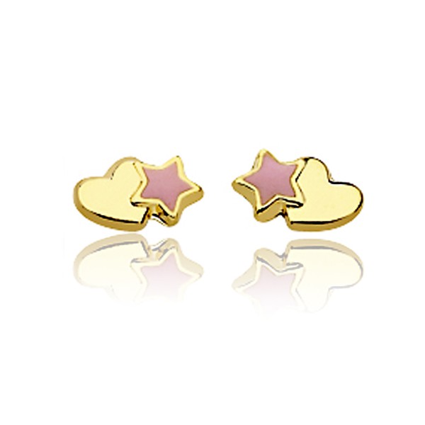 Boucles d'oreilles en or jaune 18 carats et cœurs & étoiles laqués pour filles.