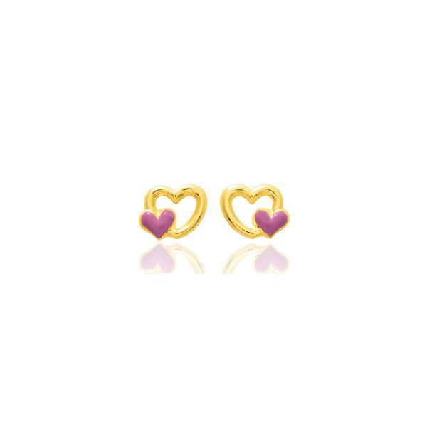 Boucles d'oreilles enfant cœur - or jaune 18K - brillants et laque