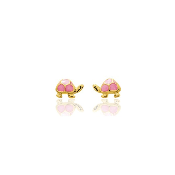 Boucles d'oreilles en or jaune 18 carats "tortues" laqués rose pour filles.