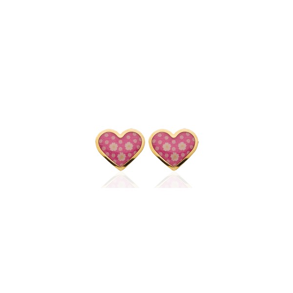 Boucles d'oreilles en or jaune 18 carats "cœurs" laqués rose pour filles.
