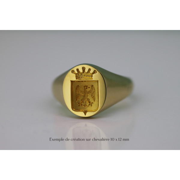 Chevaliere or 18 carats massif avec blason réalisée par le Meilleur Ouvrier de France en gravure héraldique